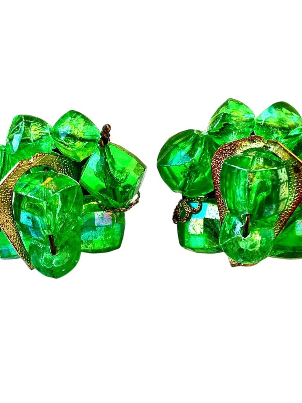 Vintage Earrings Green Cluster WEST GERMANY Glass Beads Huggie Clip-On